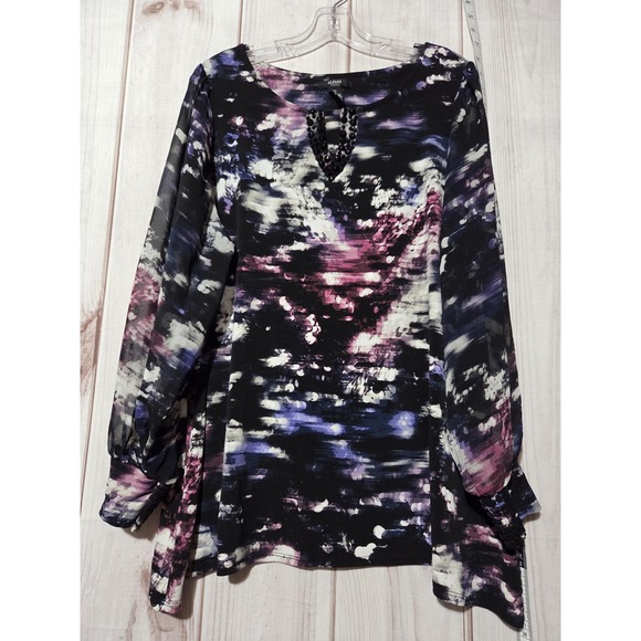 Alfani Shirt Womens 1X Black Purple Abstract Beaded Keyhole Sheer Sleeve Top - Picture 1 of 7